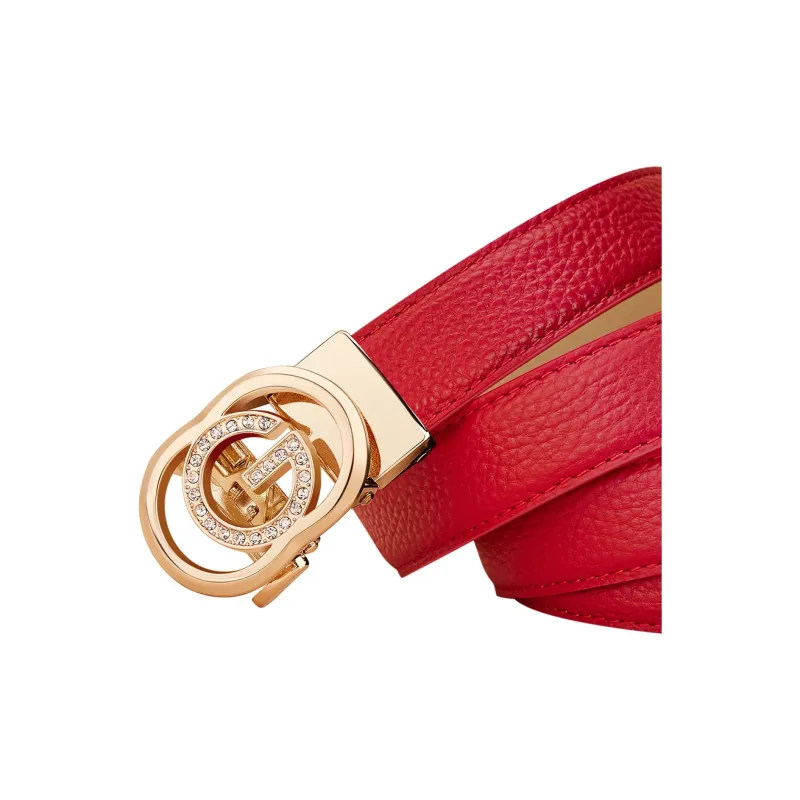 WilliamPOLO Top Grain Cow Leather Leather Belts Women's Gold Buckle Red Strap 3CM Width-1