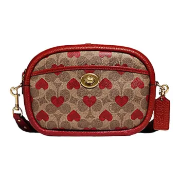 COACH Camera Canvas With Leather Camera Bag, One Shoulder Handbag, Crossbody Bag Trumpets Women's Brown & Red