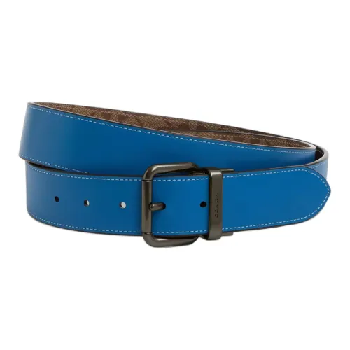 COACH Logo Carved Buckle Pin Buckle Leather Belts Men's Blue Width: 3.8cm