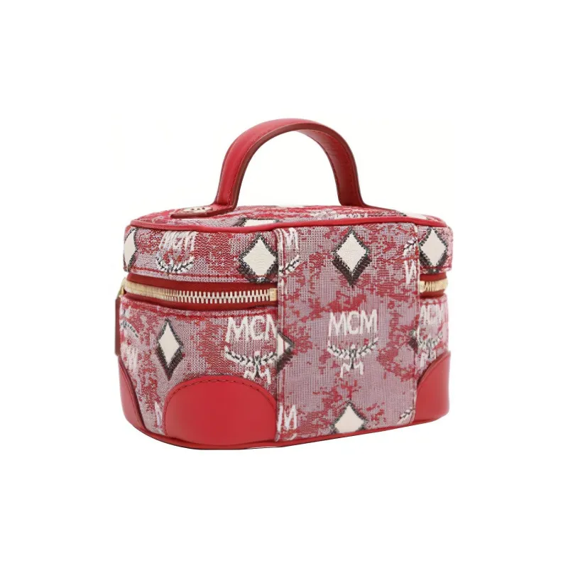 MCM Leather Jacquard Fabric Chain Bag Makeup Bag Micro Women's Red-3