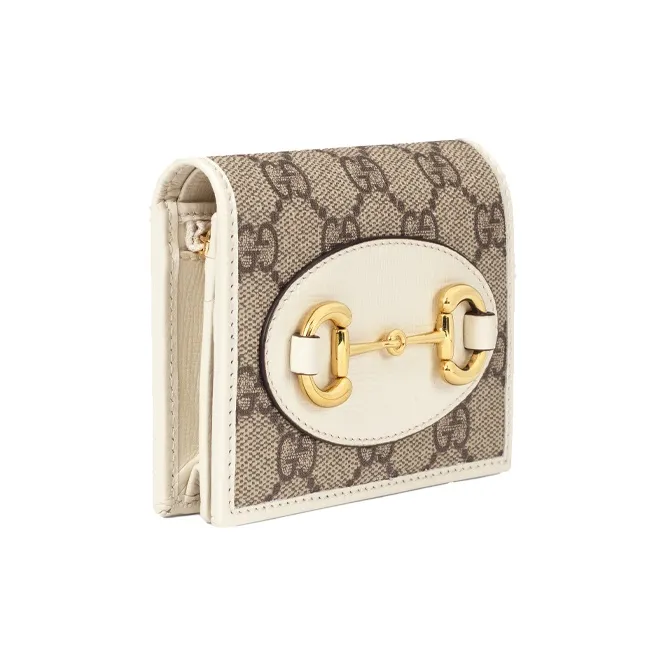GUCCI Horsebit 1955 Canvas With Leather Canvas Bag Card Holder Wallet Women's Ebony/White-1