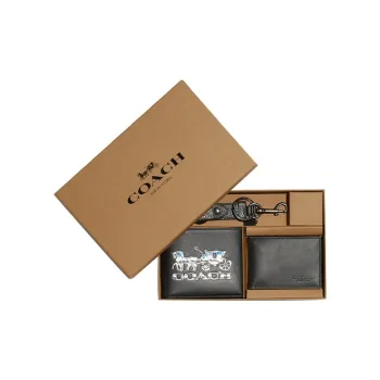 COACH 3 IN 1 Wallet Smooth Calfskin With Pebbled Leather Combo Set Men's