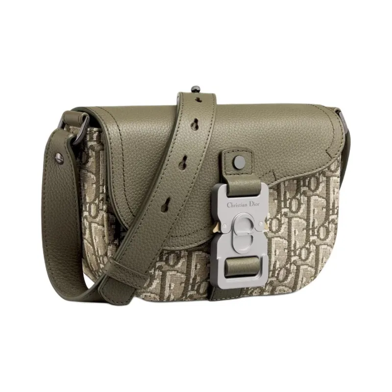 DIOR Fabric Patchwork With Cow Leather Saddle Bags One Shoulder Crossbody Clutches Mini Men's Khaki-2