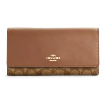 COACH Trifold Wallet Canvas Leather Clutches Wallets Women's Brown