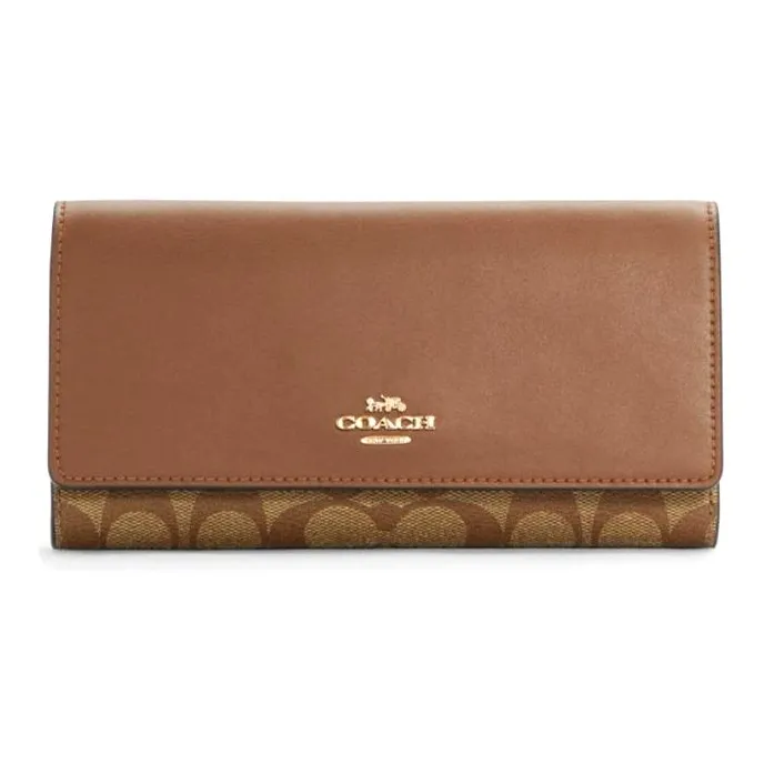 COACH Trifold Wallet Canvas Leather Clutch Wallet Women's Brown-0