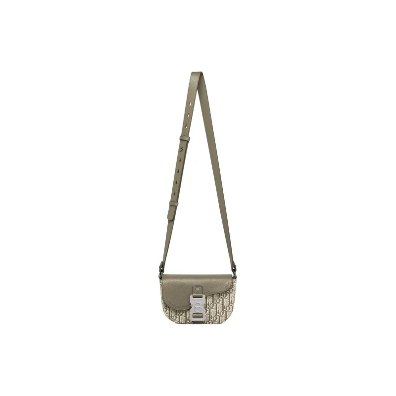 DIOR Fabric Patchwork With Cow Leather Saddle Bags One Shoulder Crossbody Clutches Mini Men's Khaki-1