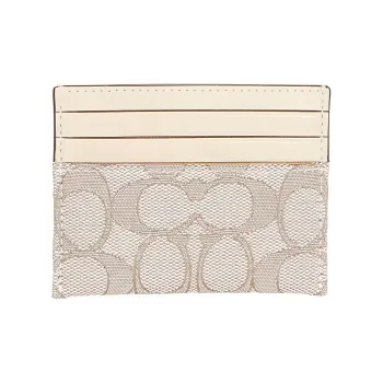 COACH Leather Card Clip Card Holder Women's Beige Monogram