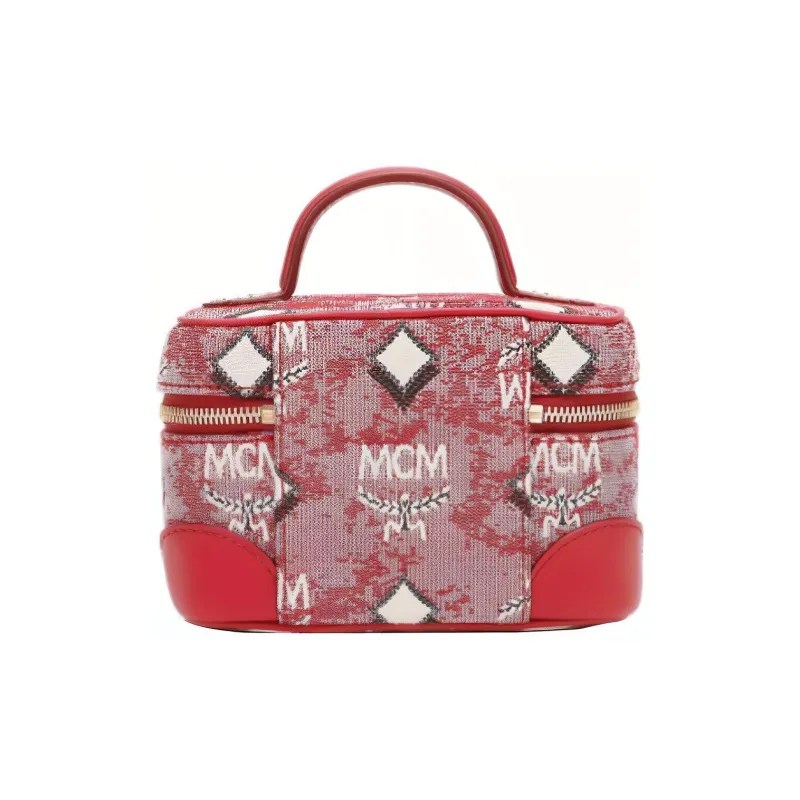 MCM Leather Jacquard Fabric Chain Bag Makeup Bag Micro Women's Red-1