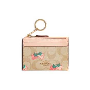 COACH Mini Id Skinny Coated Canvas With Leather Document Holder Coin Purse Card Holder Women's Khaki & Pink
