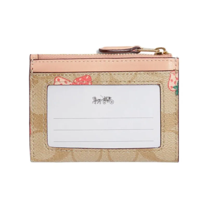 COACH Mini Id Skinny Coated Canvas With Leather Document Holder Coin Purse Card Holder Women's Khaki & Pink-1