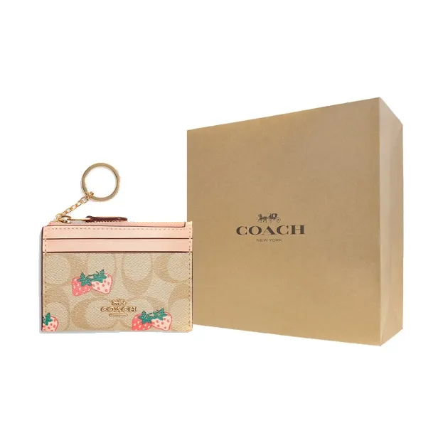 COACH Mini Id Skinny Coated Canvas With Leather Document Holder Coin Purse Card Holder Women's Khaki & Pink-4