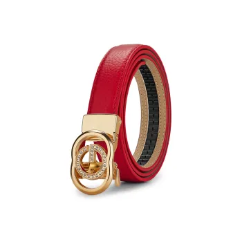 WilliamPOLO Top Grain Cow Leather Leather Belts Women's Gold Buckle Red Strap 3CM-Width