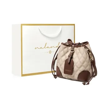 Narandu Cow Leather Bucket Bag Crossbody Bag Shoulder Bag Commuter Bag Medium Size Women's Ecru & Coffee/Cocoa Brown