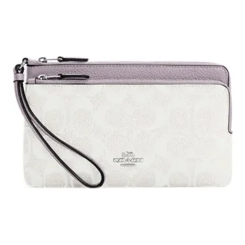COACH Double Zip Wallet Canvas With Leather Coin Purse Wrist Wallet Women's White & Taro Purple