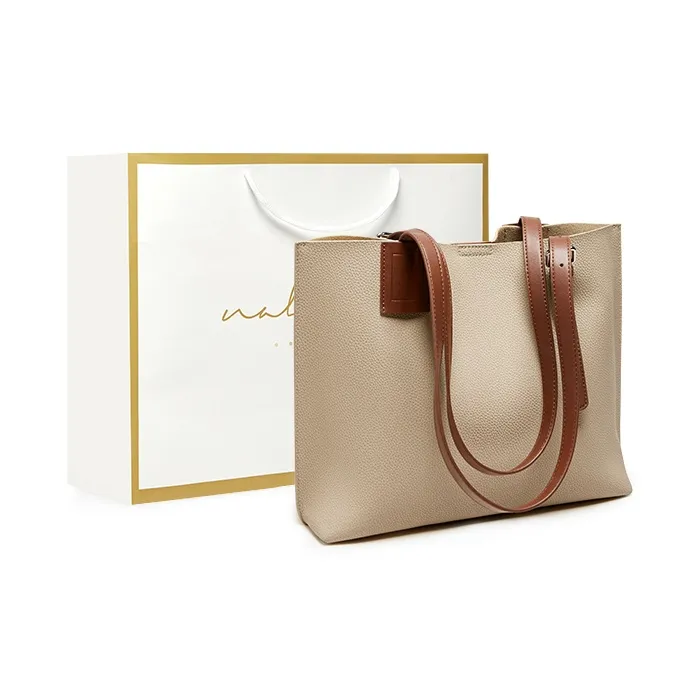 Narandu Genuine Cow Leather Tote Bag Shoulder Bag Large Size Women's Cream Apricot & Coffee/Salt Khaki-0