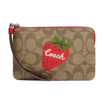 COACH Corner Zip Coated Canvas With Smooth Leather Clutches Wallets Small Size Women's Brown