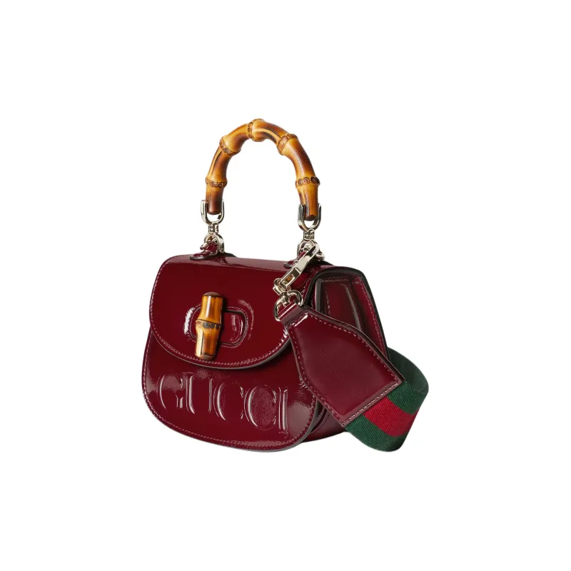 GUCCI Bamboo 1947 Patent Leather Shoulder Bag Crossbody Bag Handbag Mini Women's Deep Red-2
