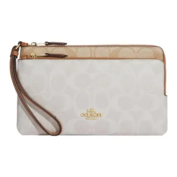 COACH Canvas With Leather Wrist Bags Clutches Wallets Small Size Women's Ecru & Khaki