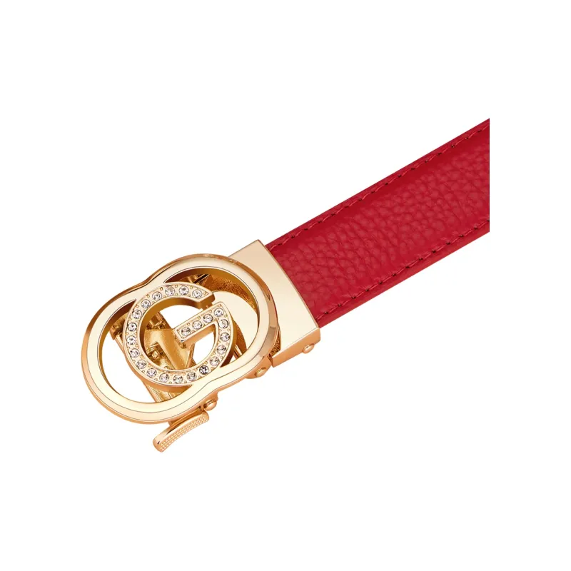 WilliamPOLO Top Grain Cow Leather Leather Belts Women's Gold Buckle Red Strap 3CM Width-2