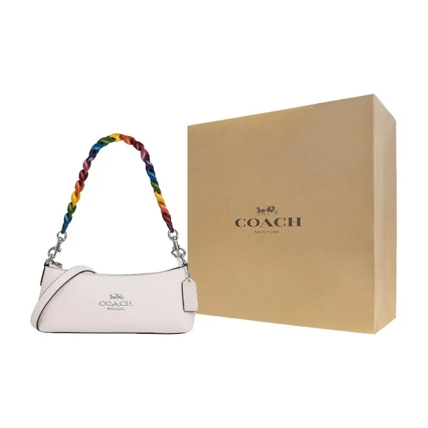 COACH Charlotte Refined Pebbled Leather Baguette Bag Handbag, Shoulder Bag Women's Silver & Chalk Multicolor-6