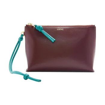 LOEWE Shiny Nappa Cow Leather Clutch Women's Burgundy Red & Emerald