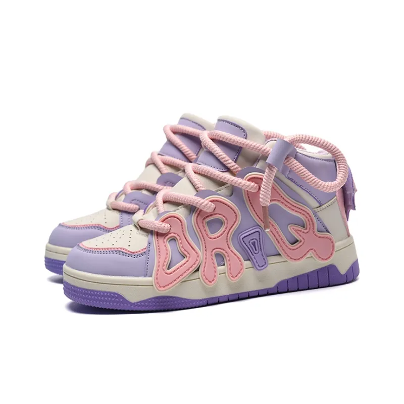T628 Letter Puffy Shoes Height Increasing High Top Skateboard Shoes Women's Taro Purple-1