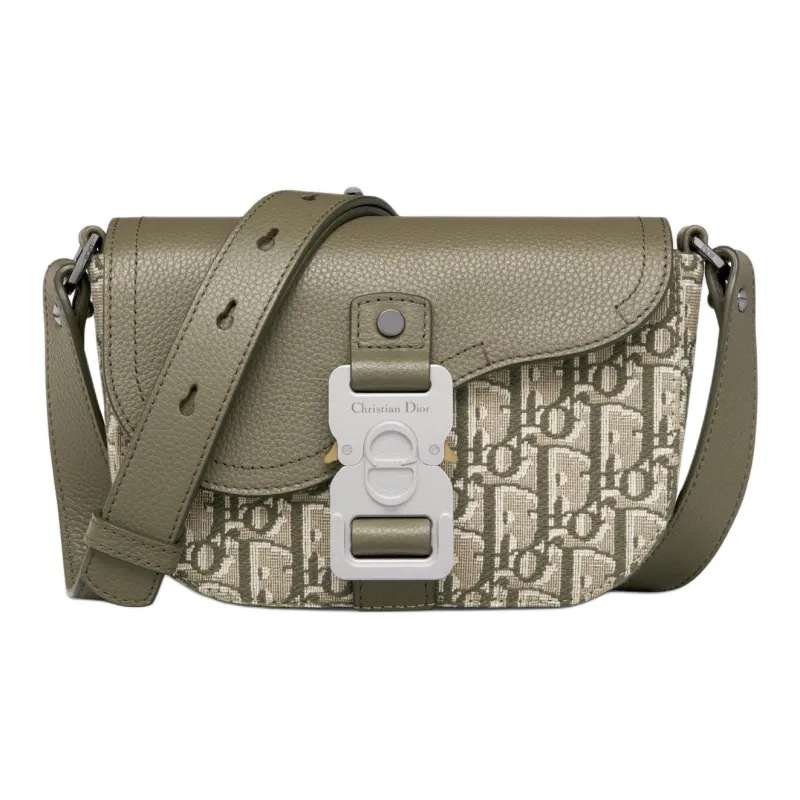 DIOR Fabric Patchwork With Cow Leather Saddle Bags One Shoulder Crossbody Clutches Mini Men's Khaki-0