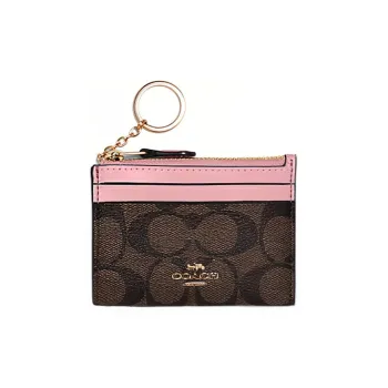 COACH Mini Id Skinny Canvas With Leather Card Holder Coin Purse Women's Brown & Pink