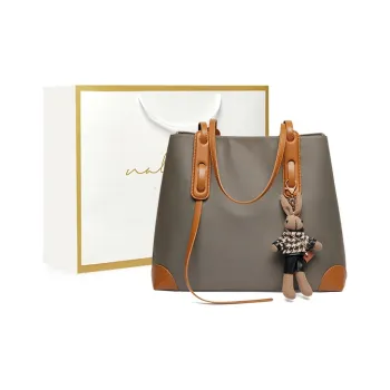 Narandu Fabric With Synthetic Leather Tote Bag Shoulder Bag Large Size Women's Khaki Brown/Black