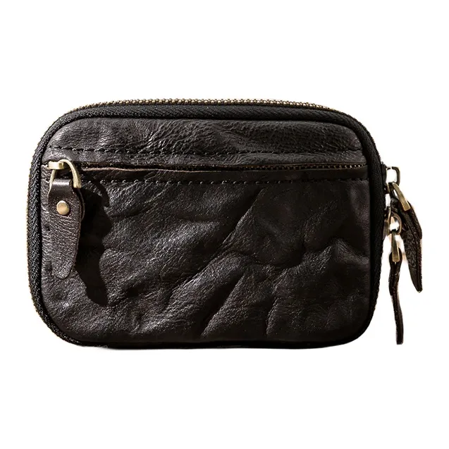 Back Step Top Grain Vegetable Tanned Cow Leather Card Holder Key Pouch Unisex Black/Coffee-6