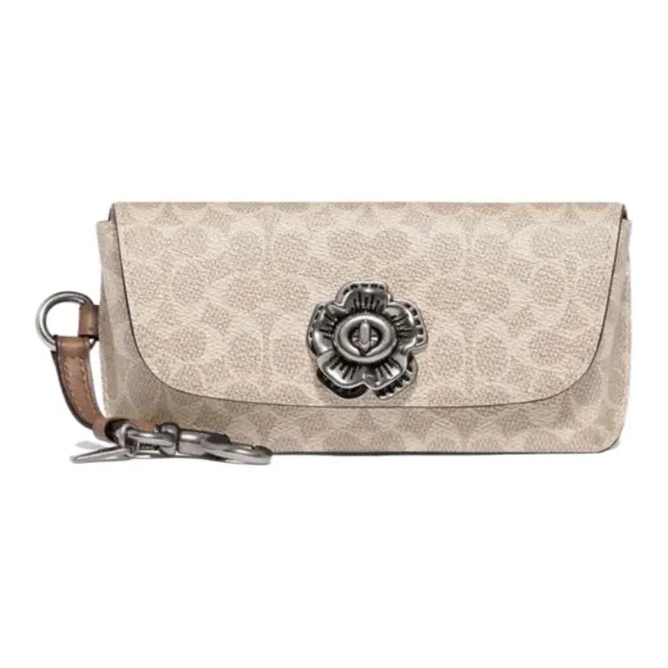 COACH Sunglass Case Canvas With Genuine Leather Eyeglass Cases Eyeglass Pouches Women's Milk Tea Beige-0
