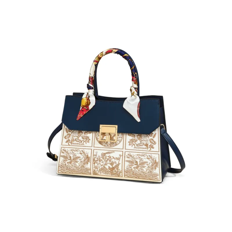 COMELY Cow Leather Patchwork Synthetic Leather One Shoulder Handbags Women's Blue-3