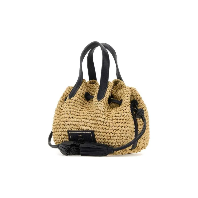 Anya Hindmarch Raffia Shoulder Bag Crossbody Bag Handbag Women's Beige & Black-1
