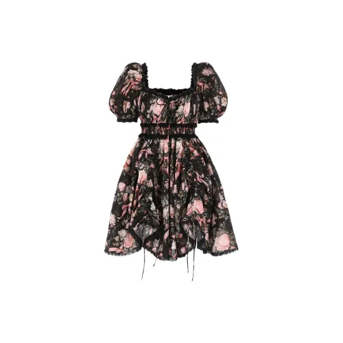 Selkie Short-Sleeved Dresses Women's Black Base With Pink Velvet Ribbon And Rose Print