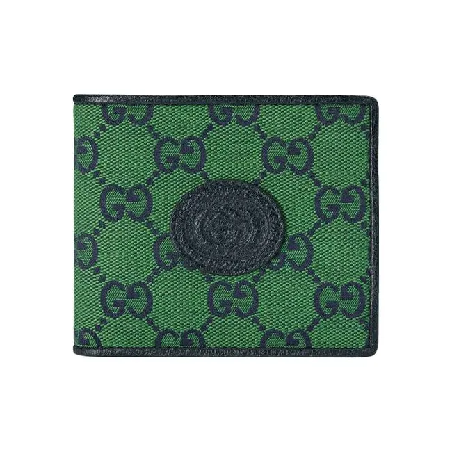 GUCCI Leather Logo Canvas With Leather Canvas Bag Wallets Men's Green & Dark Blue-0