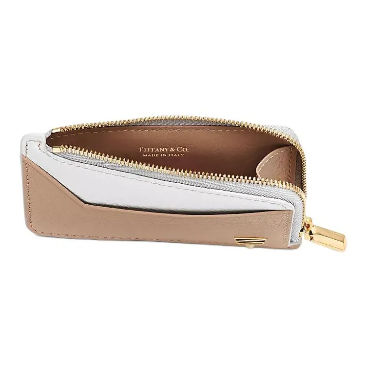 TIFFANY & CO. Tiffany T Goatskin Card Holder Women's White & Light Brown-3