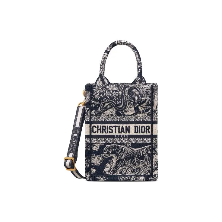 DIOR BookTote Embroidery Sheet Music Bag Smartphone Pocket Tote Bag Single Shoulder Crossbody Handbag Mini Women's Blue-0