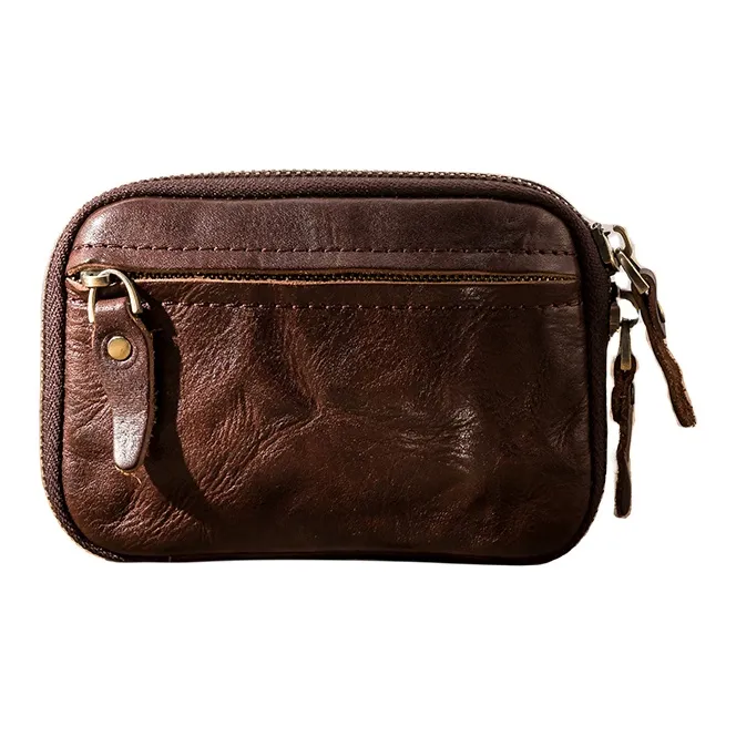 Back Step Top Grain Vegetable Tanned Cow Leather Card Holder Key Pouch Unisex Black/Coffee-5