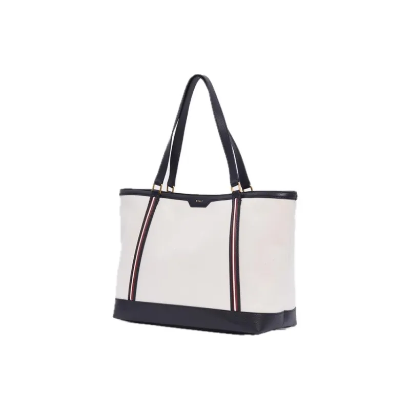 BALLY Fabric Cow Leather Patchwork Tote Bag Shopping Bag Handbag Large Size Women's Natural & Black-2