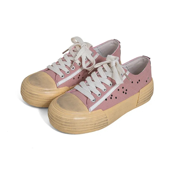 MINGKUANG Street Trend Platform Height Increasing Wear Resistant Slip Resistant Low Top Skateboard Shoes Women's Pink-3
