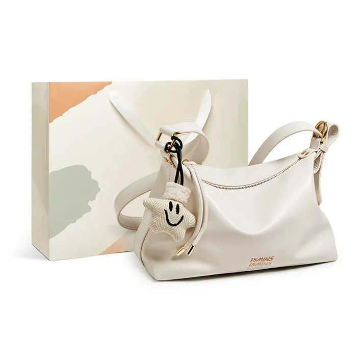 15 MINS Synthetic Leather Shoulder Bag Crossbody Bag Medium Size Women's Macaron Beige/Midnight Black/Ecru-10