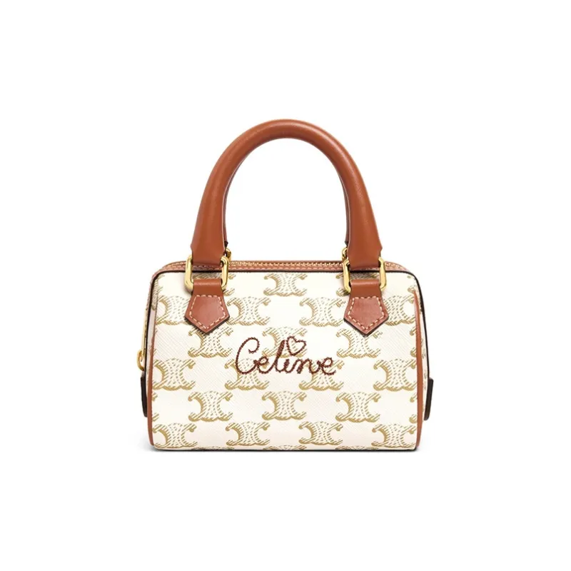 CELINE Cow Leather Boston Bag Handbag Shoulder Bag Crossbody Bag Mini Women's White-0