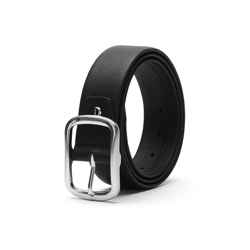 ELLE HOMME Pin Buckle Belt With Sun And Moon Buckle Top Grain Cow Leather Belts Men's Black Width 3.85cm-1