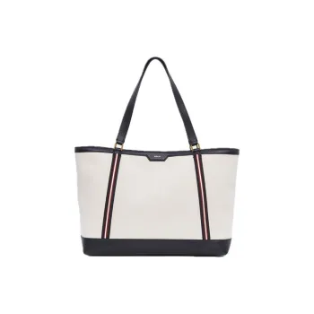 BALLY Fabric Cow Leather Patchwork Tote Bag Shopping Bag Handbag Large Size Women's Natural & Black