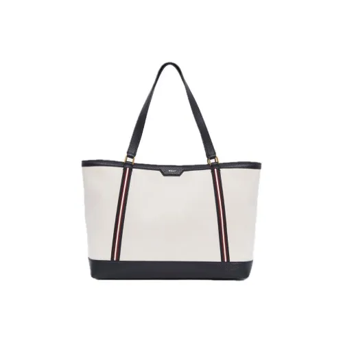 BALLY Fabric Cow Leather Patchwork Tote Bag Shopping Bag Handbag Large Size Women's Natural & Black