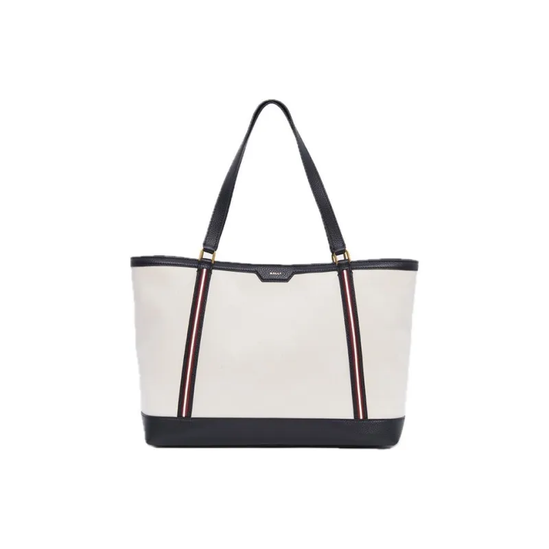 BALLY Fabric Cow Leather Patchwork Tote Bag Shopping Bag Handbag Large Size Women's Natural & Black-0