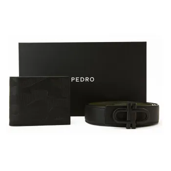 PEDRO Embossed Calfskin Leather Belt Wallet Small Size Men's Black/Umber