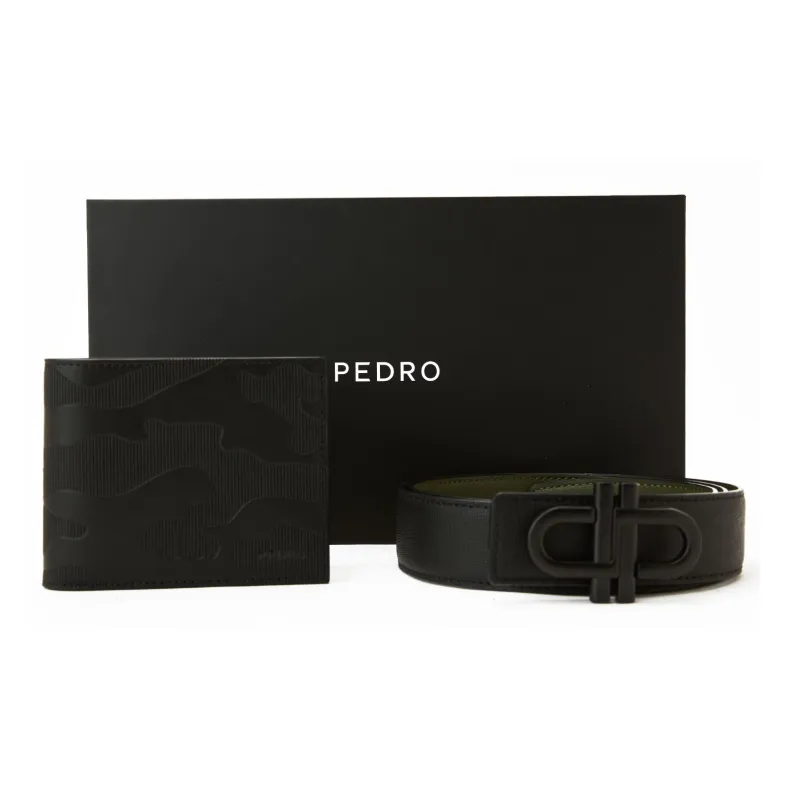 PEDRO Embossed Calfskin Leather Belt Wallet Trumpets Men's Black/Umber-0