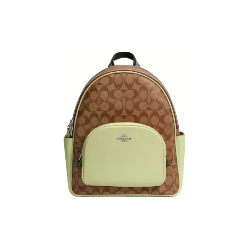COACH Court Canvas With Leather Backpack Large Size Women's Dark Khaki With Acid Orange Green