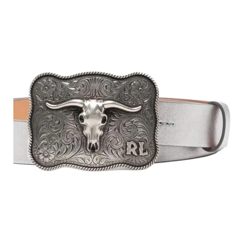 Ralph Lauren Collection Ox Head Emblem Decoration Leather Belts Women's Gray Width: 3CM-2